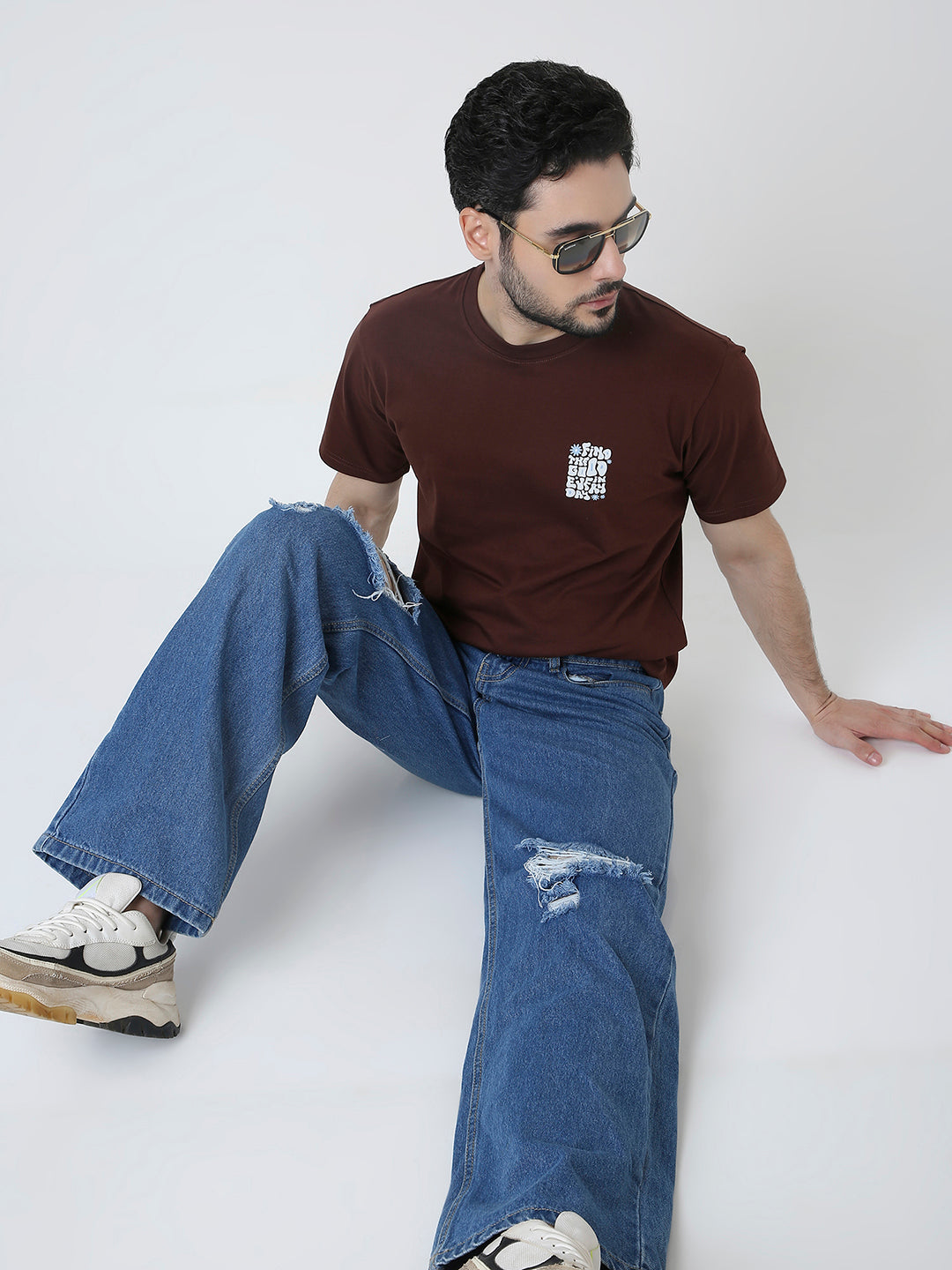 RELAXED FIT BROWN PRINTED T-SHIRT