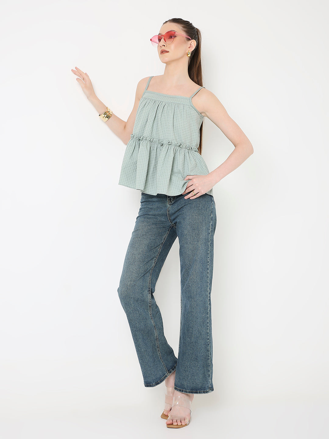 SAGE GREEN TEXTURED PATTERN SPAGHETTI STRAP LAYERED TOP