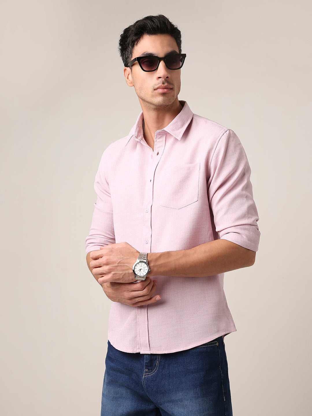Solid Pastel Mauve Textured Casual Shirt