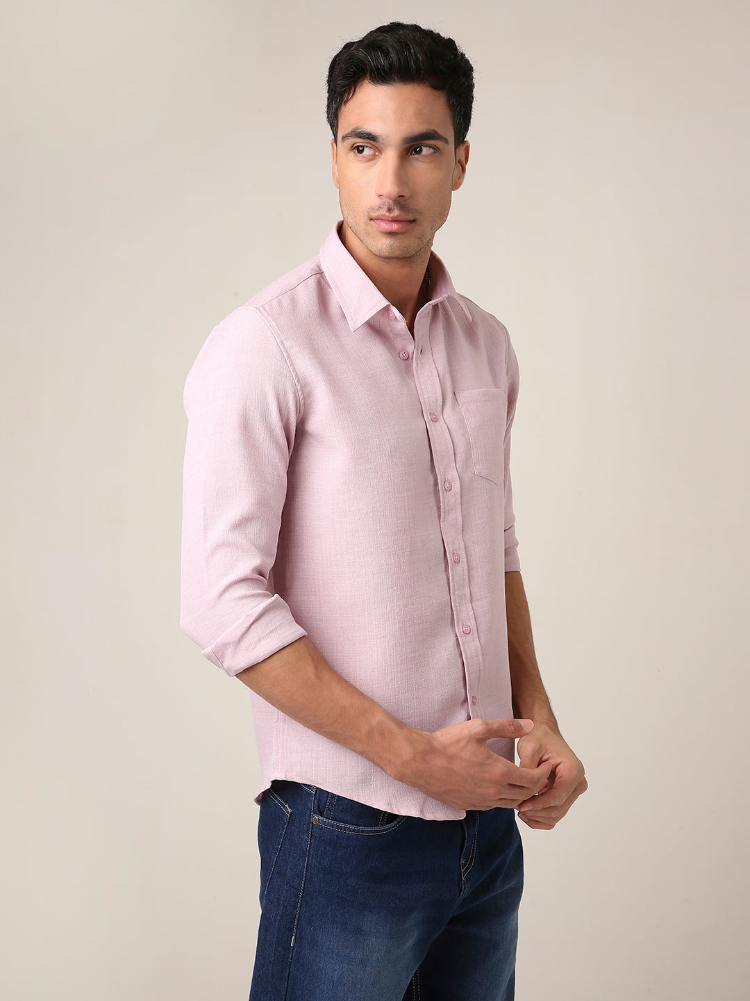 Solid Pastel Mauve Textured Casual Shirt