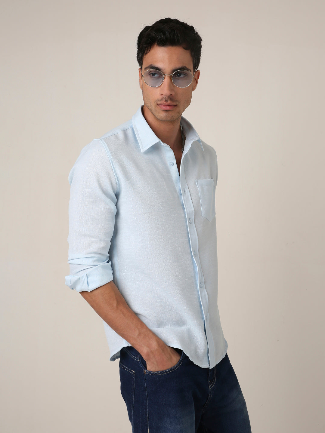 Solid Light Blue Textured Casual Shirt
