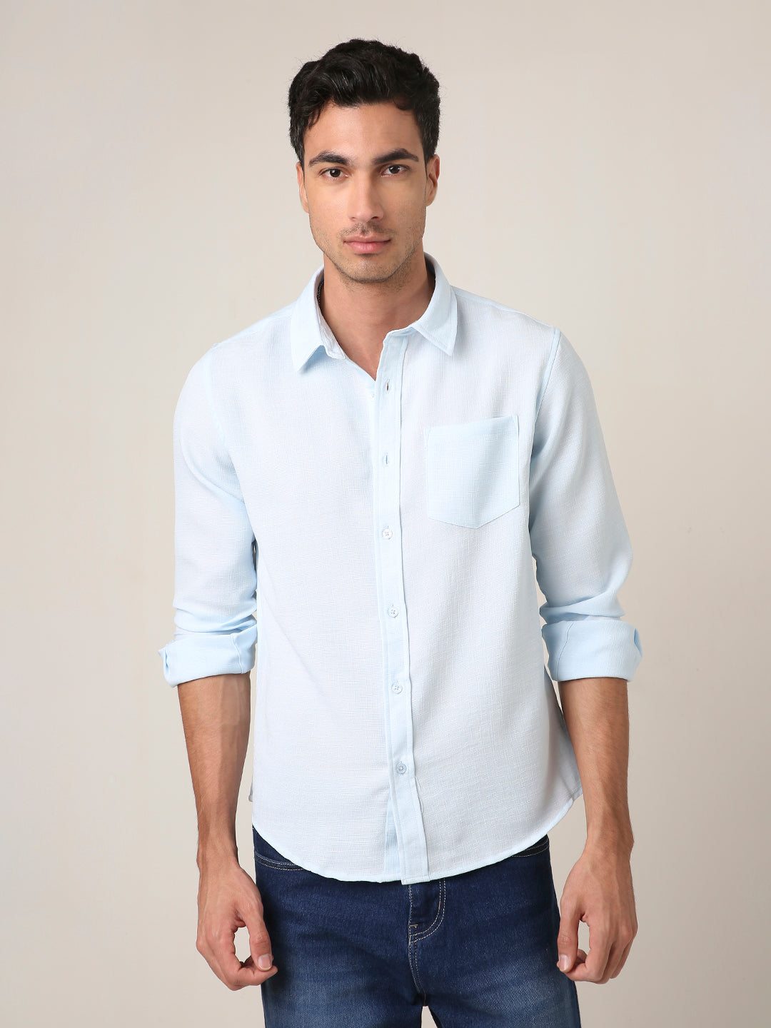 Solid Light Blue Textured Casual Shirt