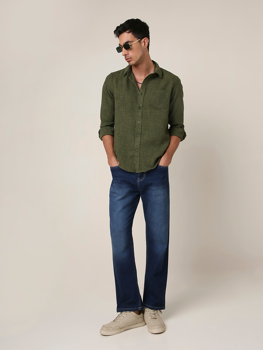 Solid Dark Olive Textured Casual Shirt