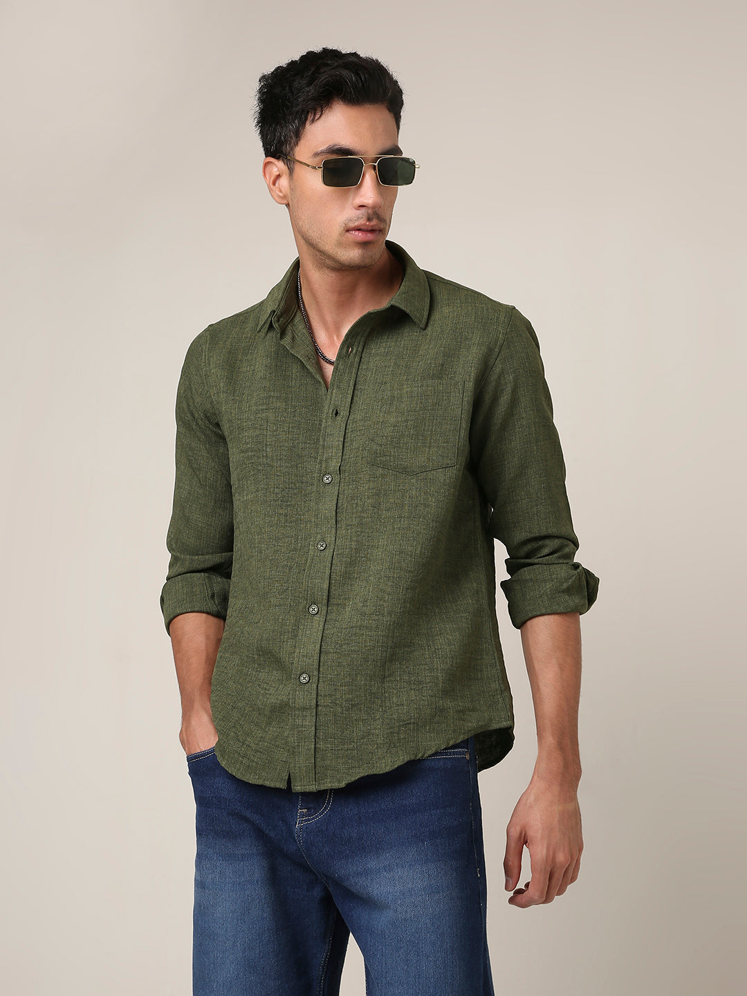 Solid Dark Olive Textured Casual Shirt