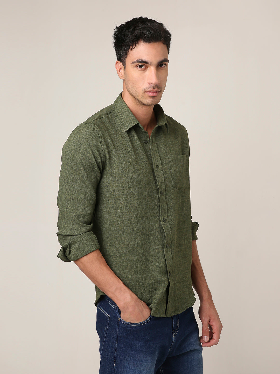 Solid Dark Olive Textured Casual Shirt