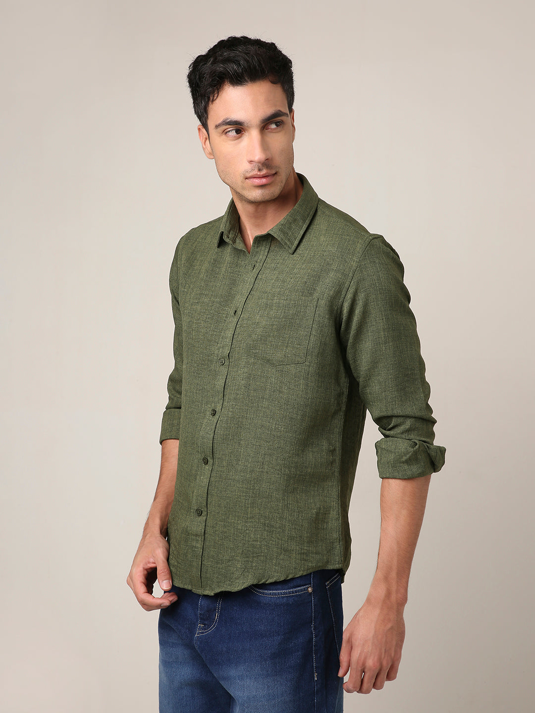 Solid Dark Olive Textured Casual Shirt