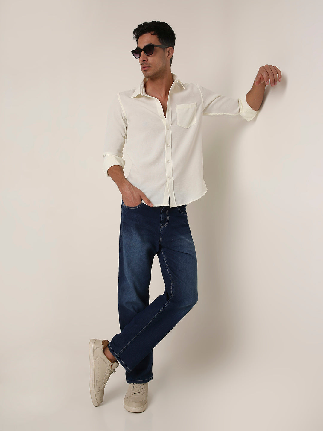 Solid Cream Textured Casual Shirt