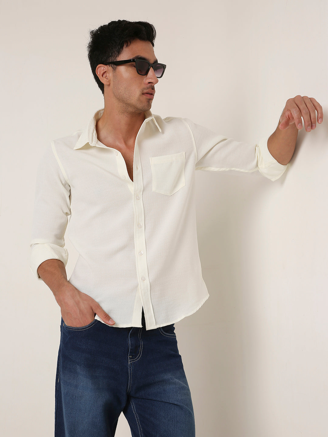 Solid Cream Textured Casual Shirt