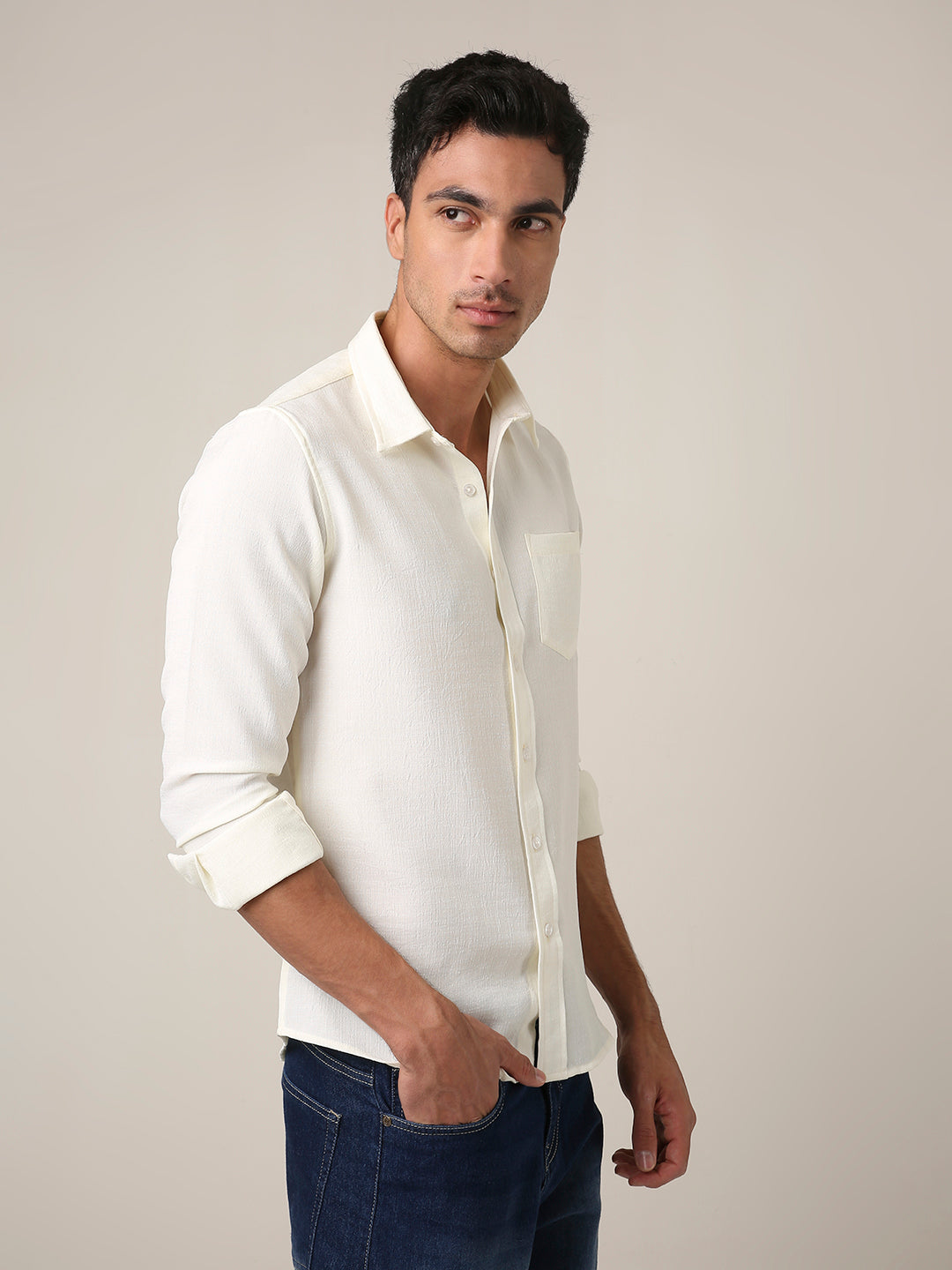 Solid Cream Textured Casual Shirt
