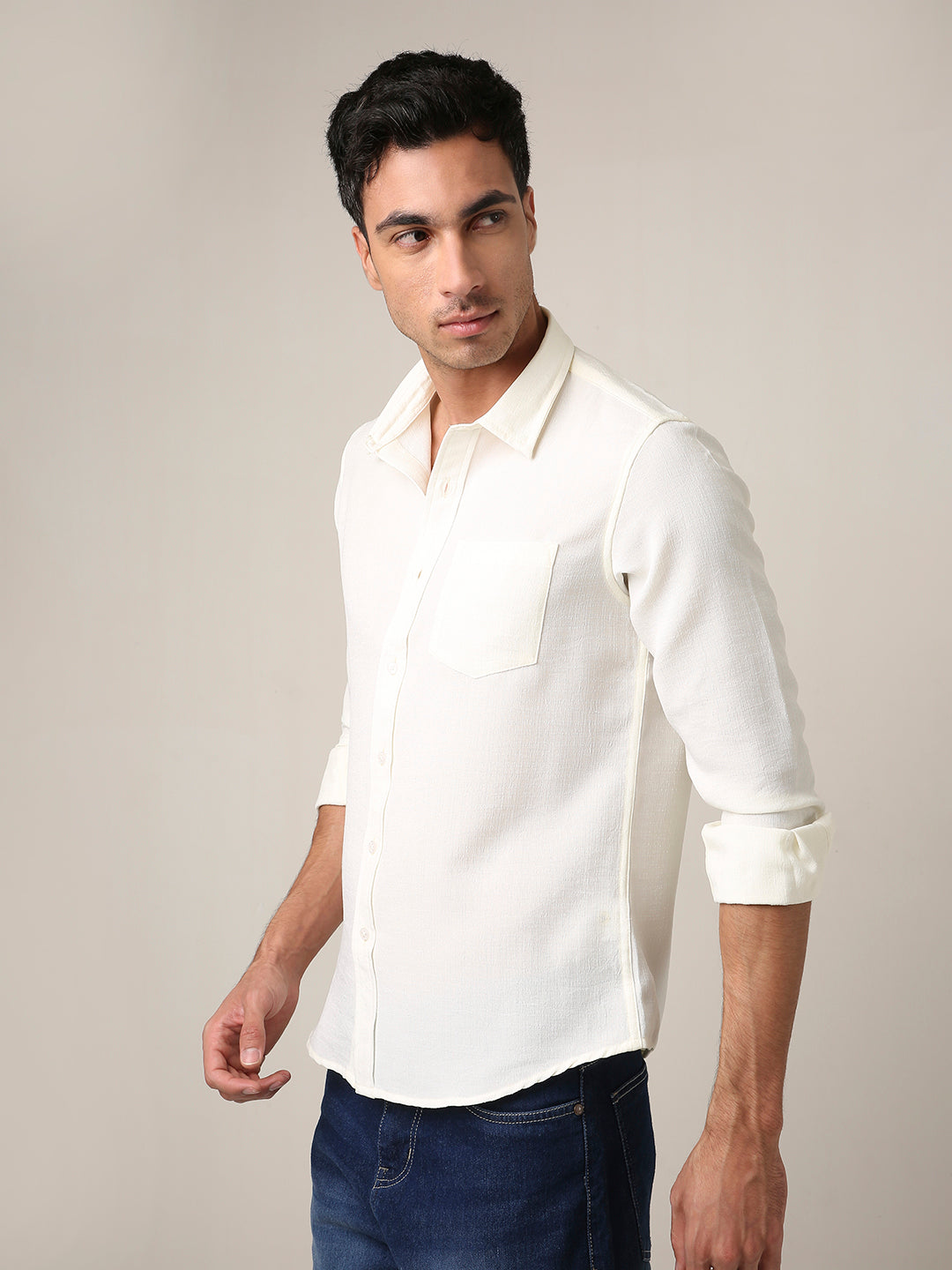 Solid Cream Textured Casual Shirt