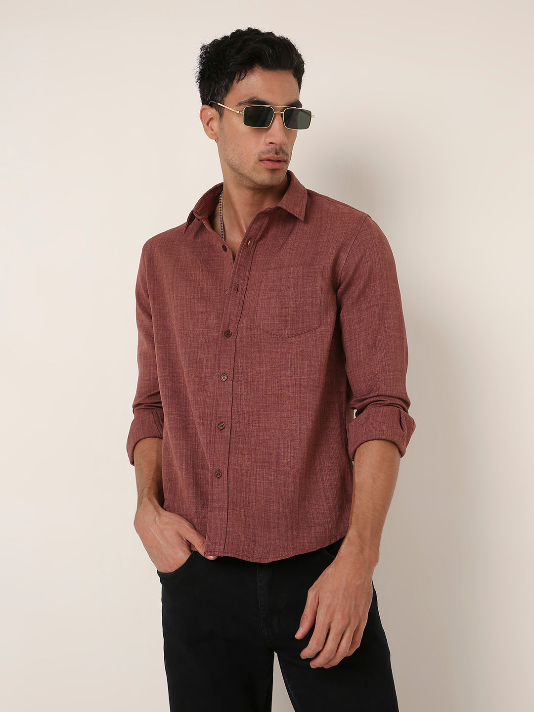 Solid Brown Textured Casual Shirt