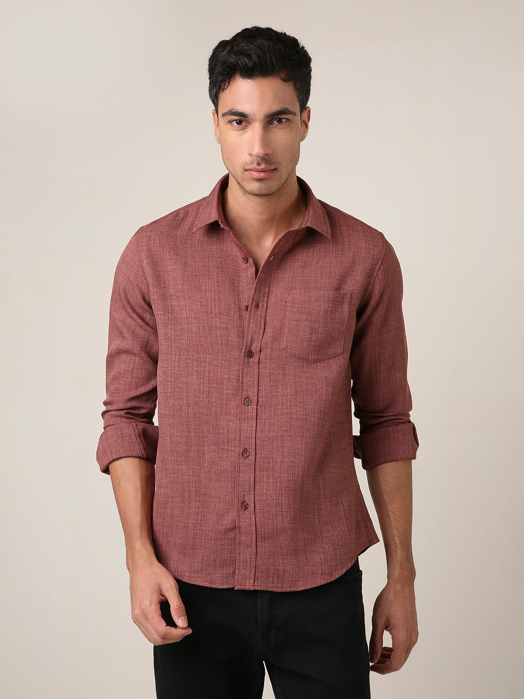 Solid Brown Textured Casual Shirt