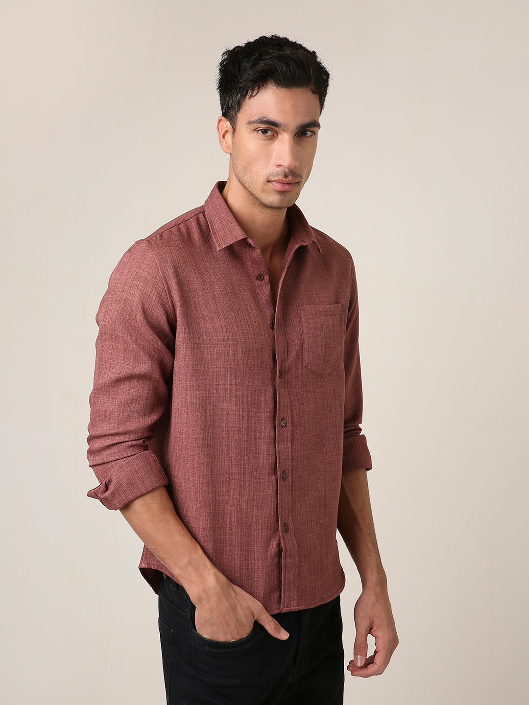 Solid Brown Textured Casual Shirt