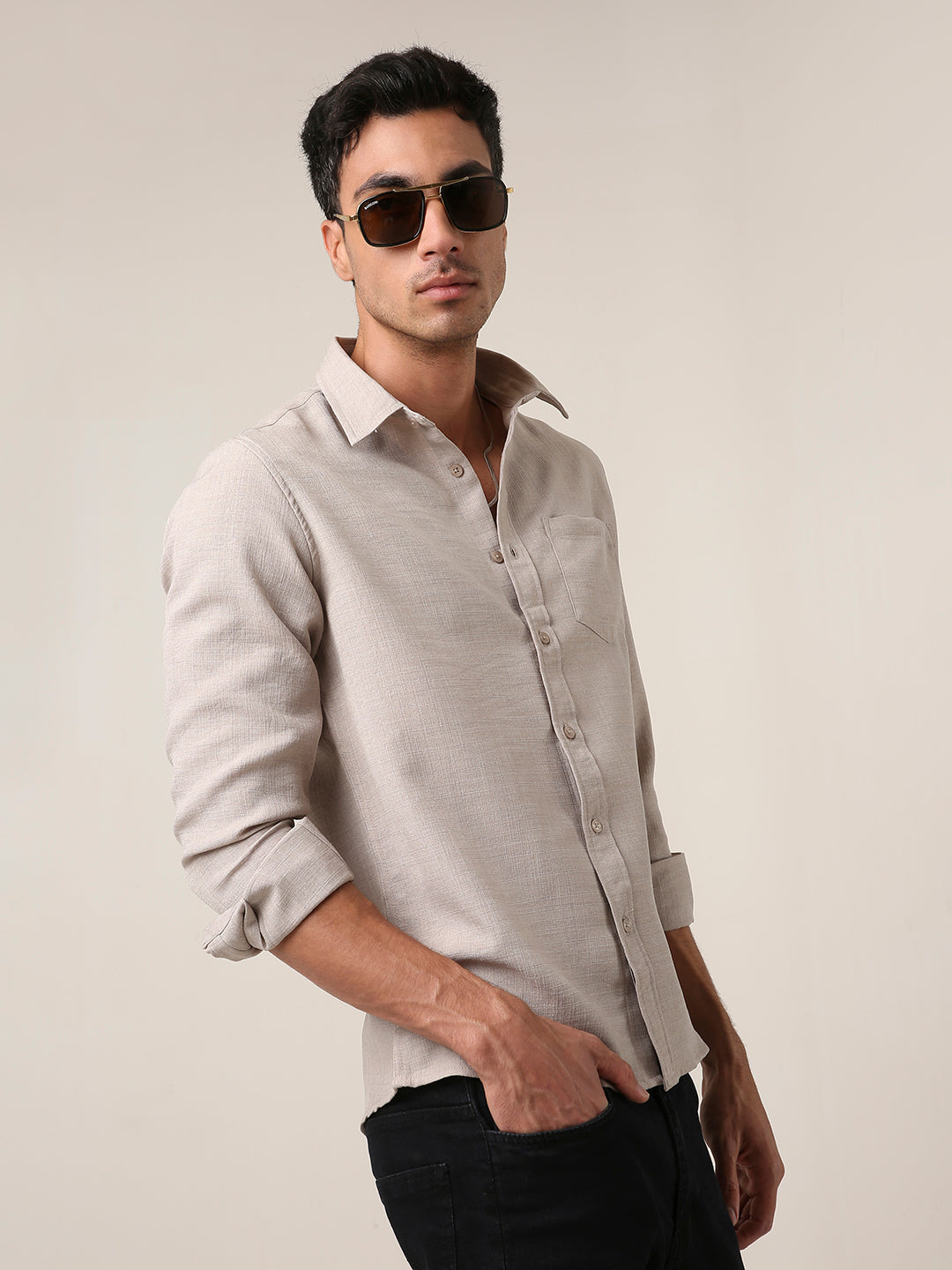 Solid Beige Textured Casual Shirt