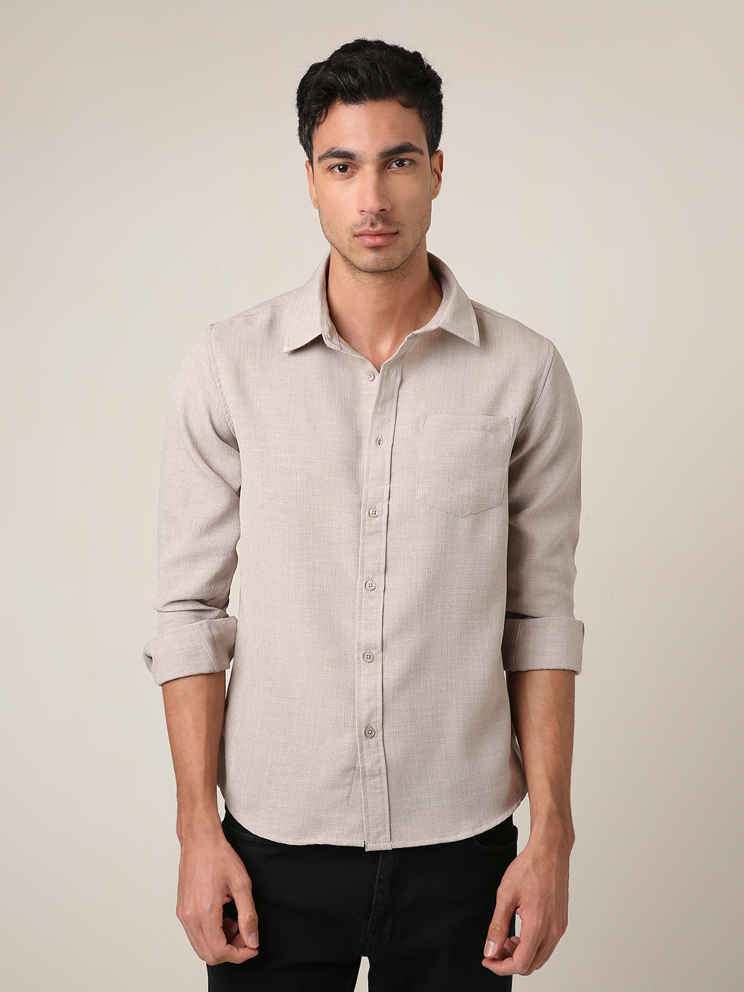 Solid Beige Textured Casual Shirt
