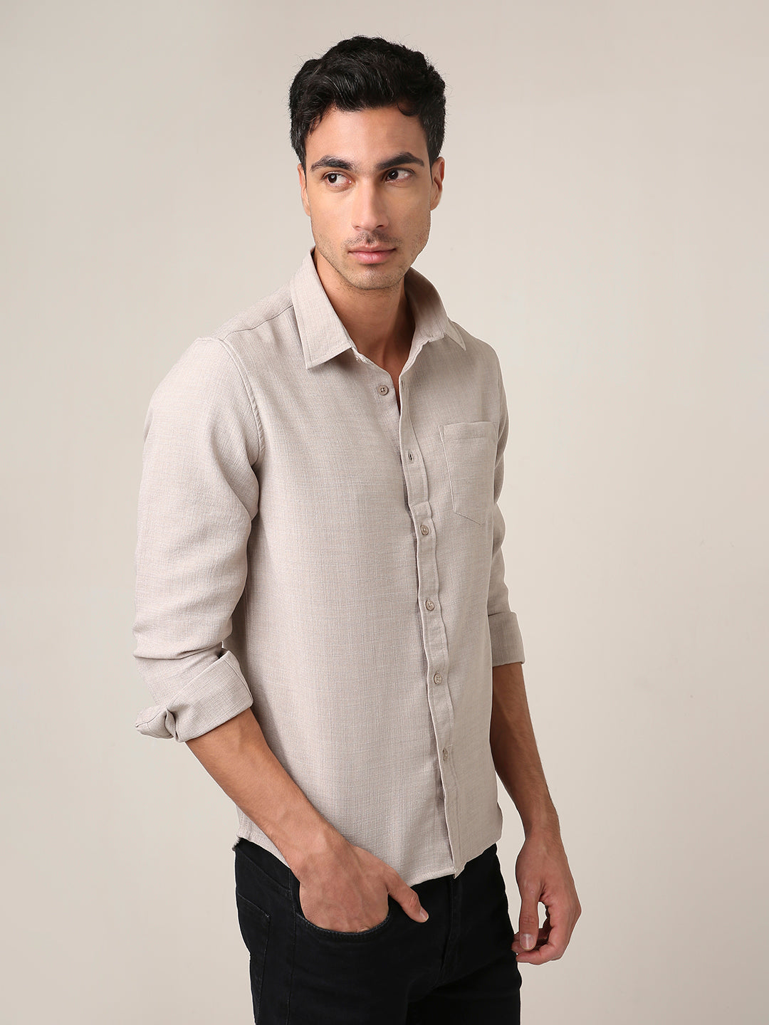 Solid Beige Textured Casual Shirt