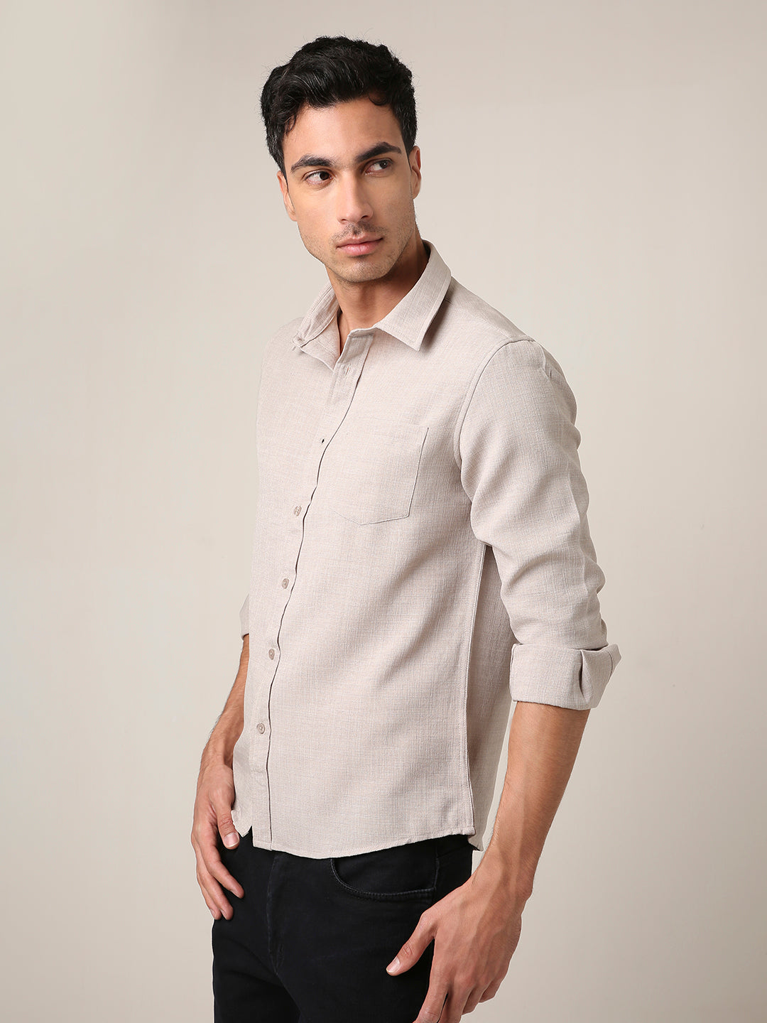 Solid Beige Textured Casual Shirt