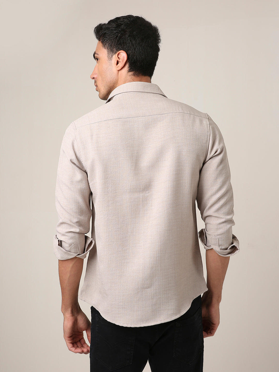 Solid Beige Textured Casual Shirt