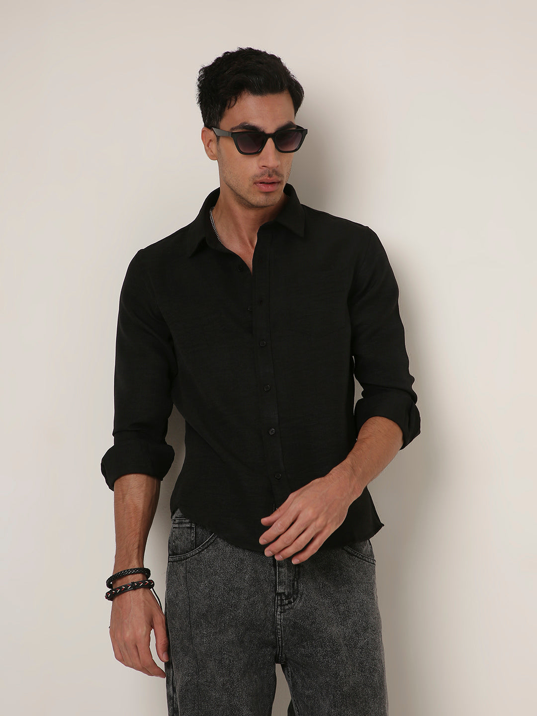 Solid Black Textured Casual Shirt