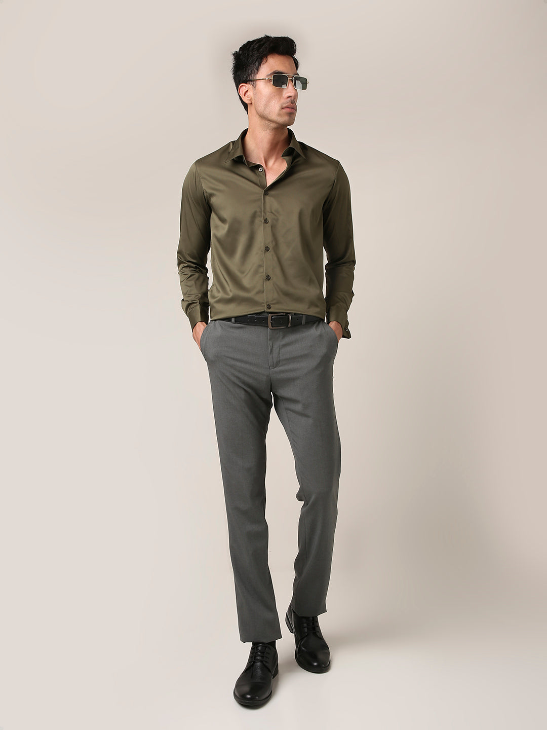 Classic Olive Green Satin Formal Shirt