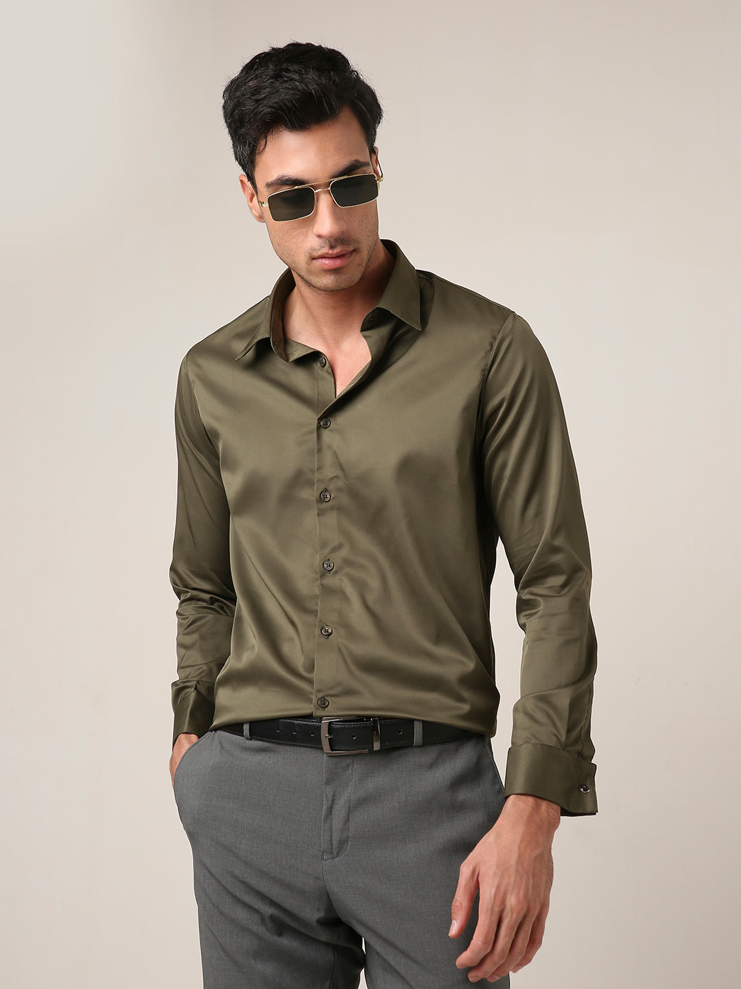 Classic Olive Green Satin Formal Shirt