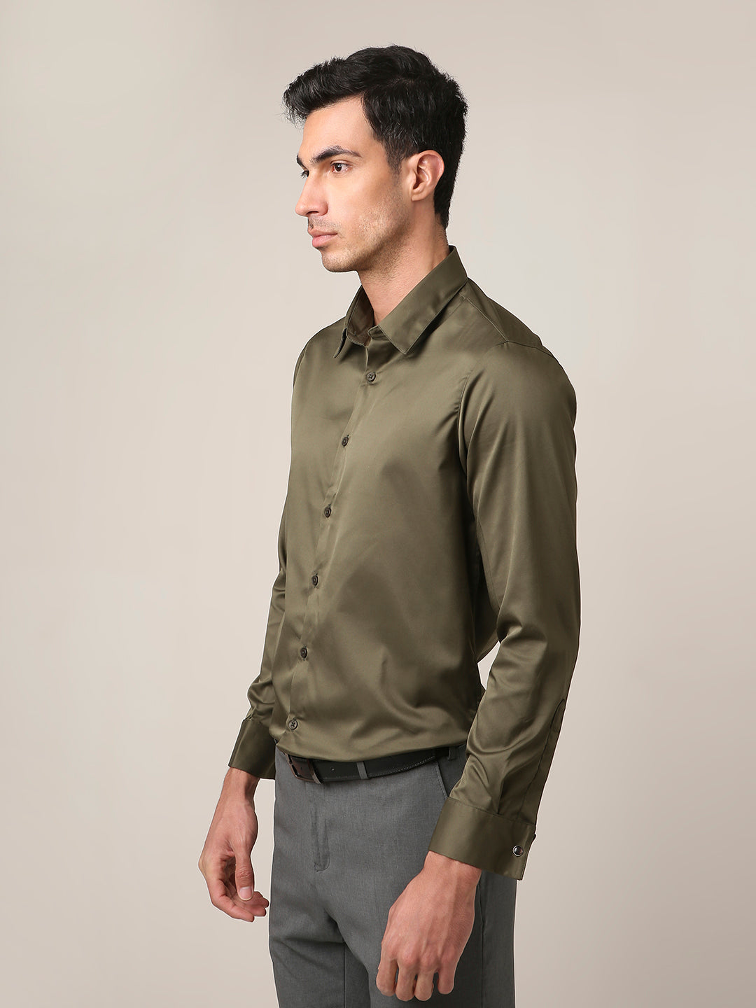 Classic Olive Green Satin Formal Shirt