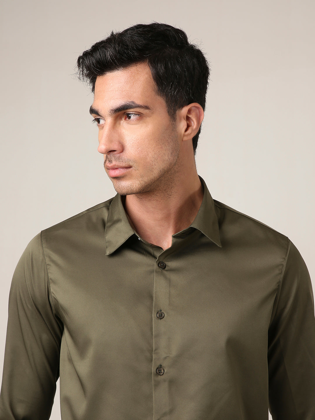 Classic Olive Green Satin Formal Shirt