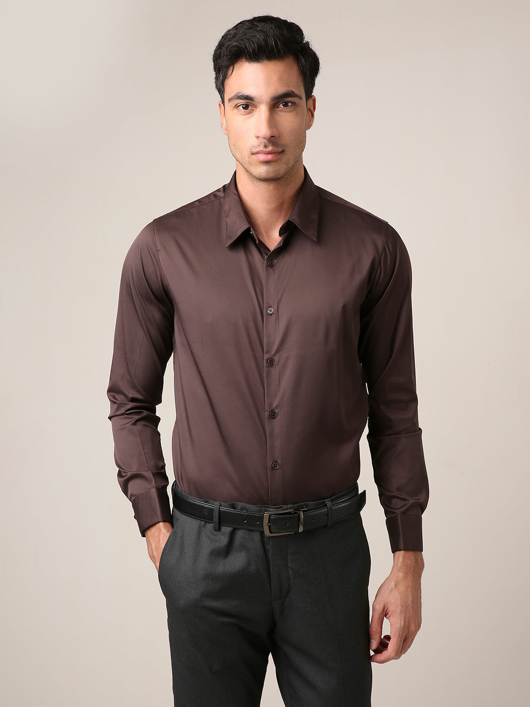 Classic Brown Satin Formal Shirt