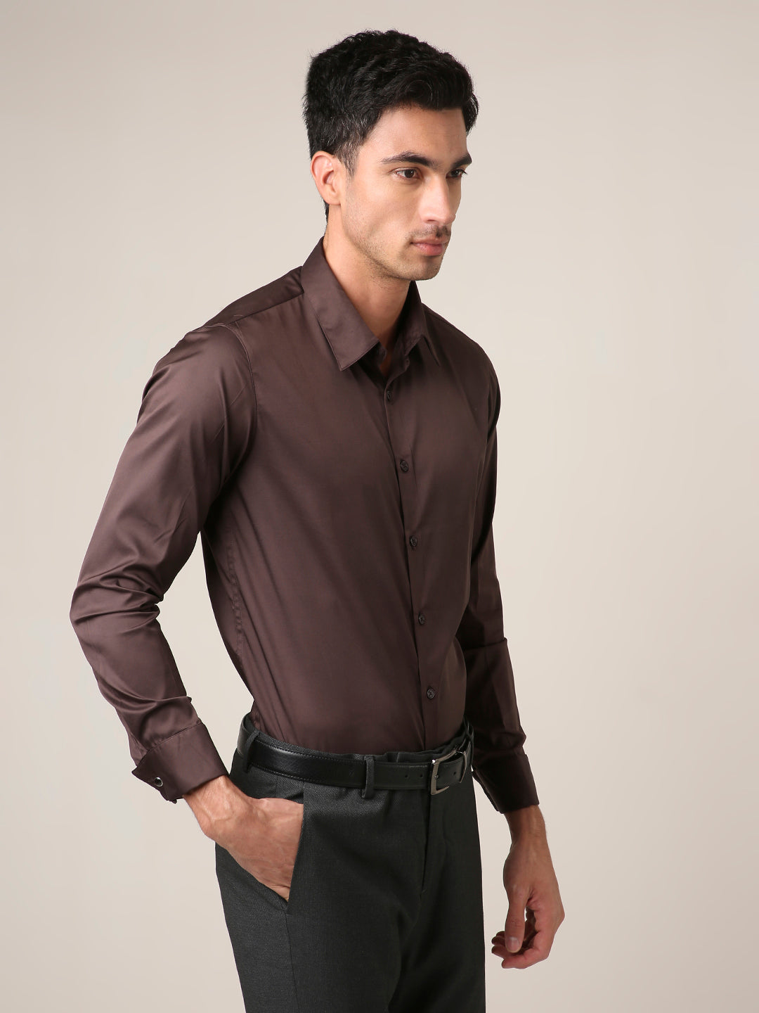 Classic Brown Satin Formal Shirt