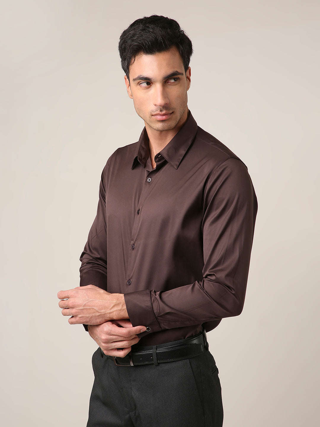 Classic Brown Satin Formal Shirt