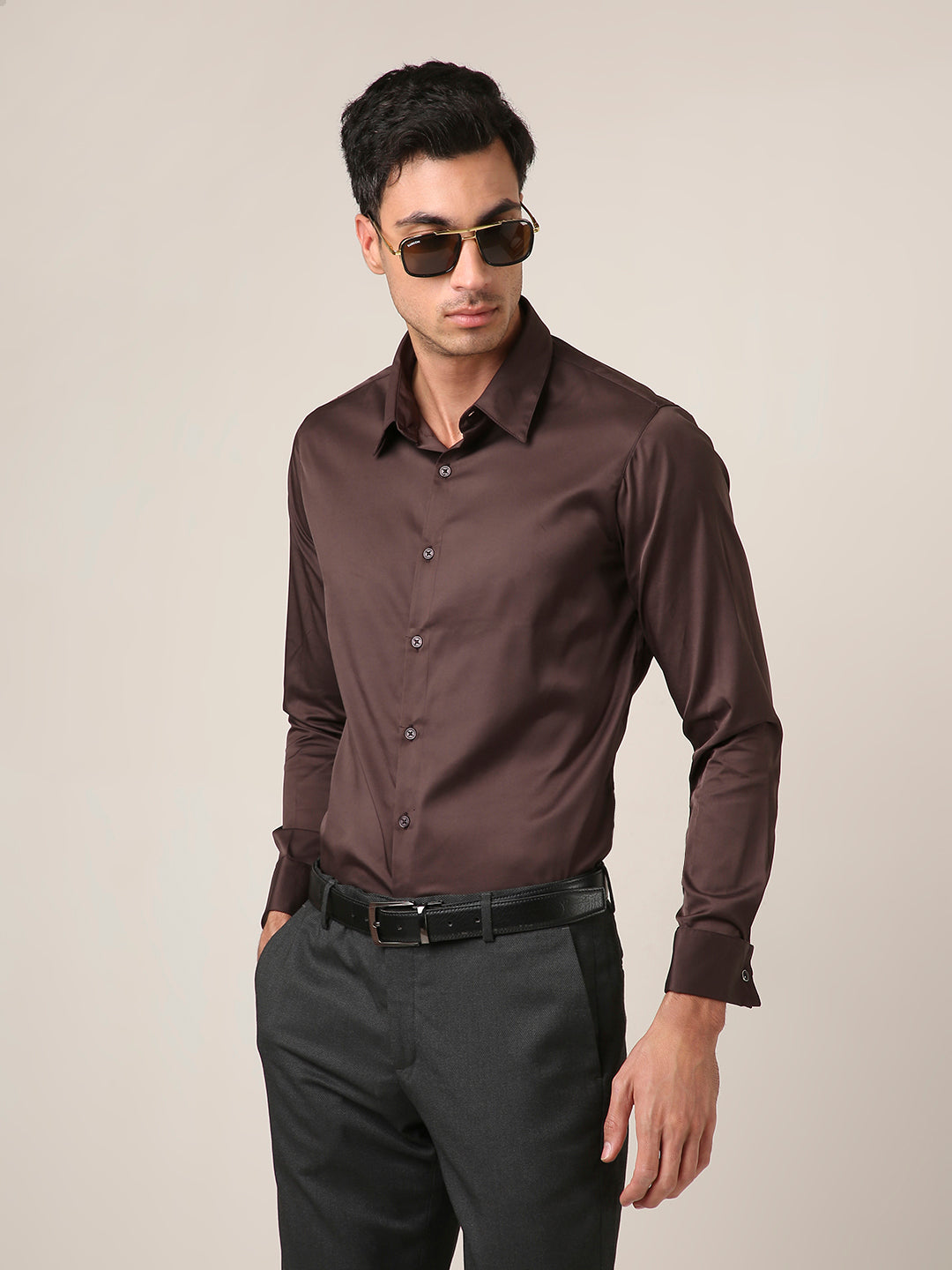 Classic Brown Satin Formal Shirt