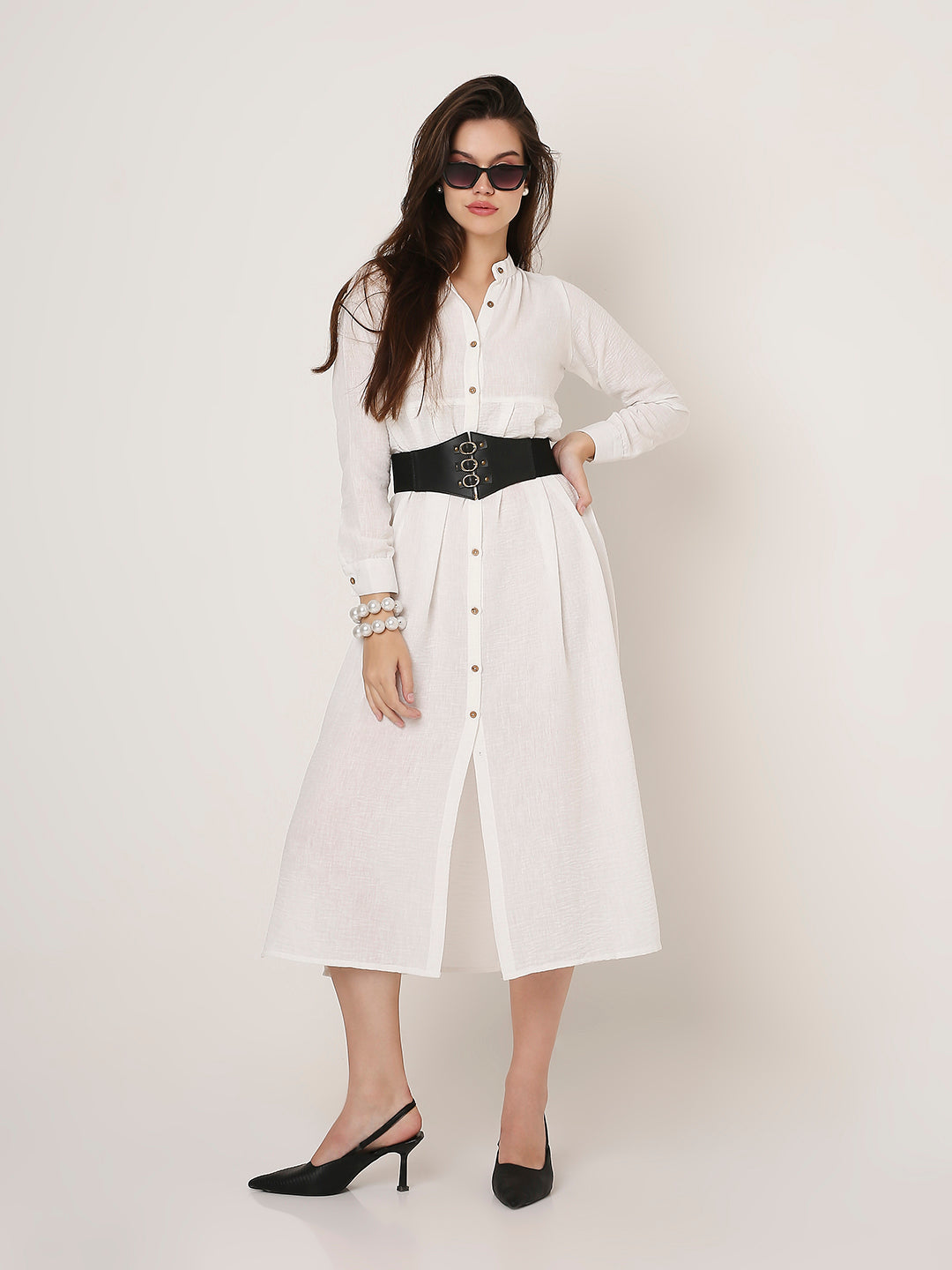 CLASSIC LINEN BLEND WHITE BUTTON-DOWN SHIRT DRESS