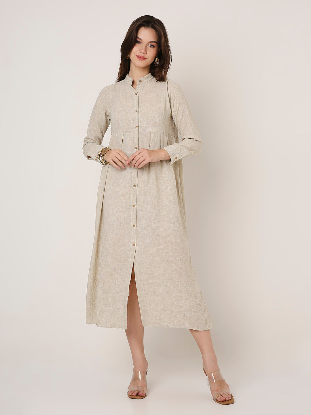 CLASSIC LINEN BLEND WHITE BUTTON-DOWN SHIRT DRESS