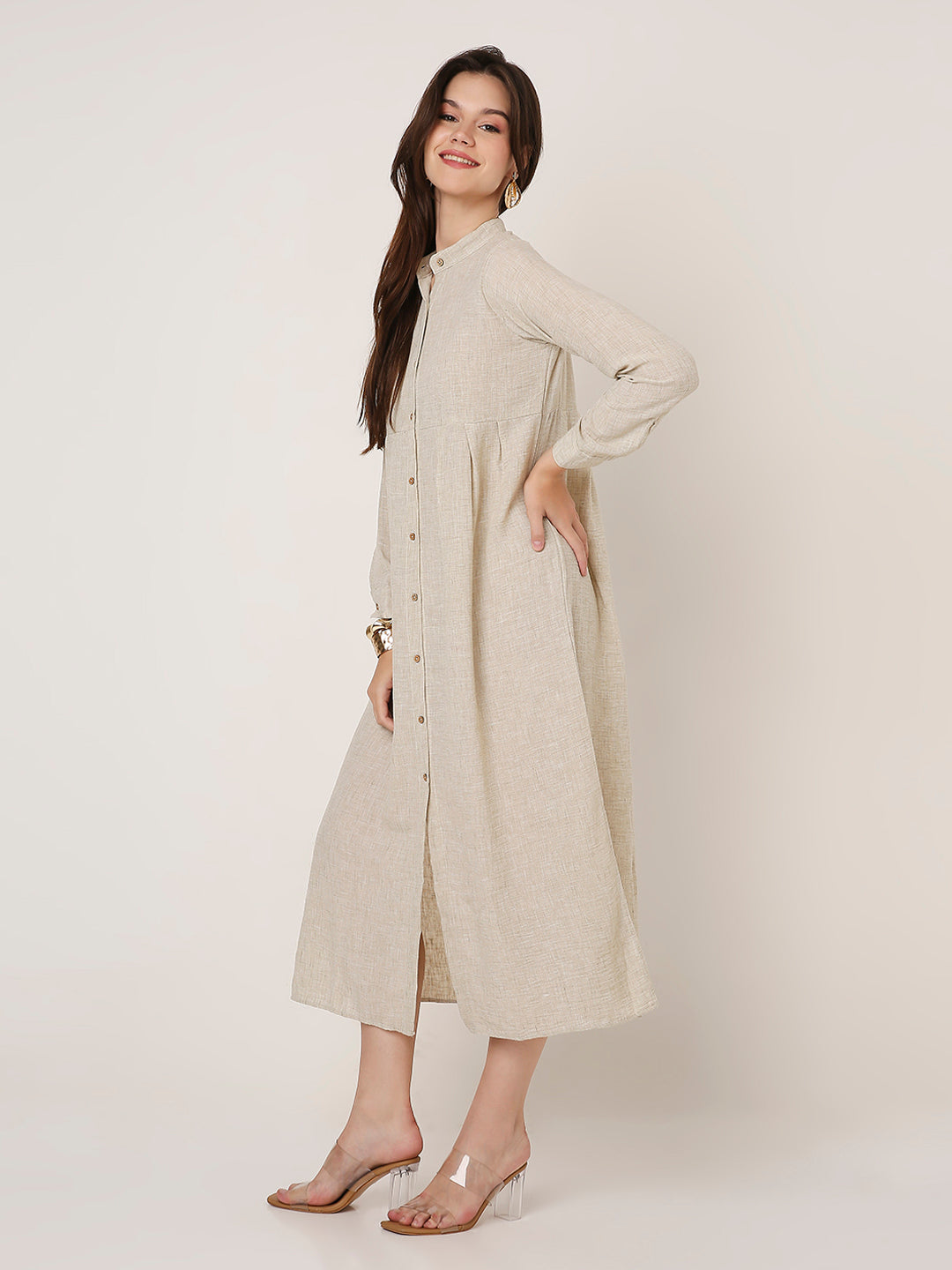 CLASSIC LINEN BLEND WHITE BUTTON-DOWN SHIRT DRESS