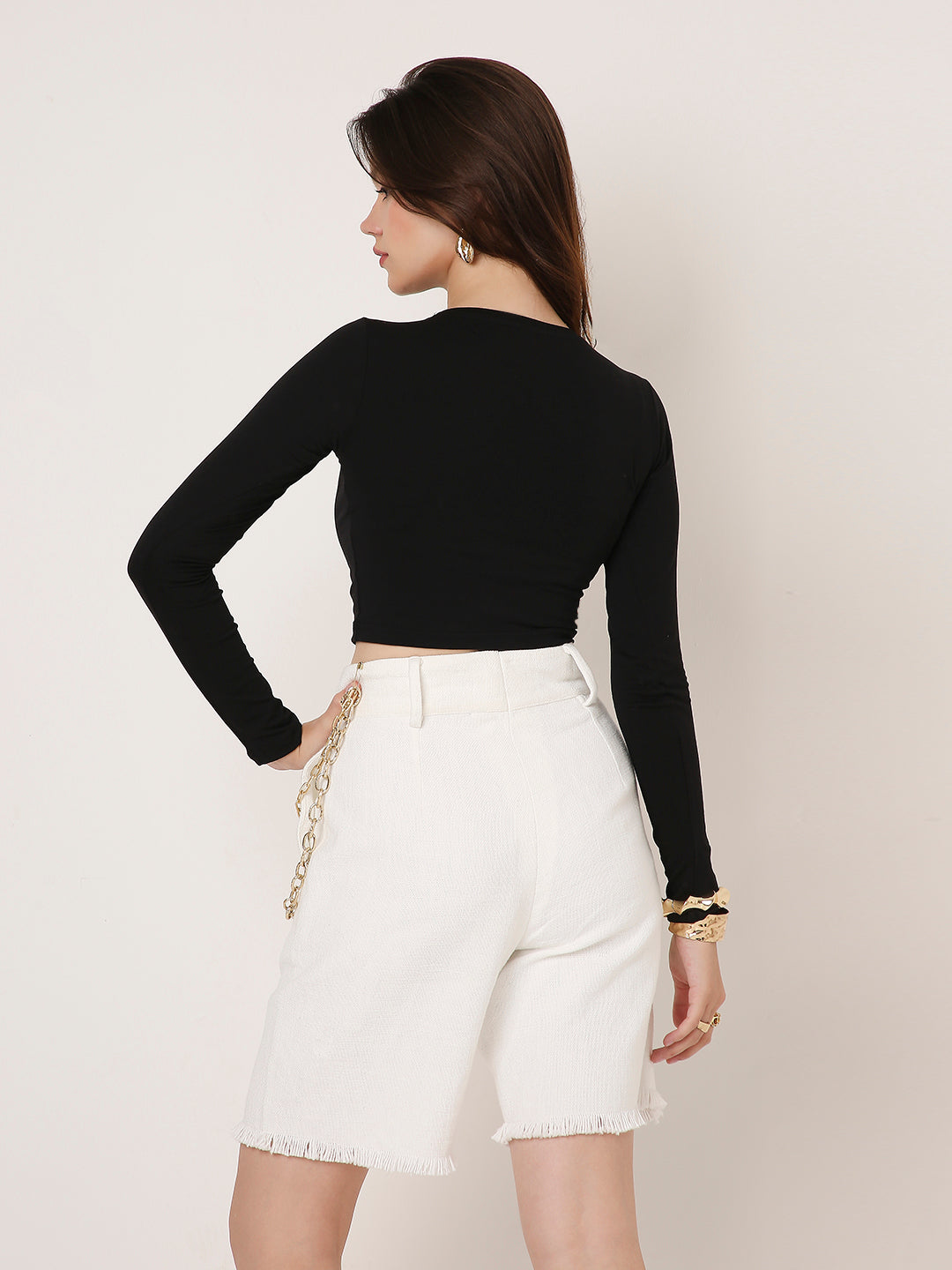 Solid Full-Sleeve Fitted Crop Top