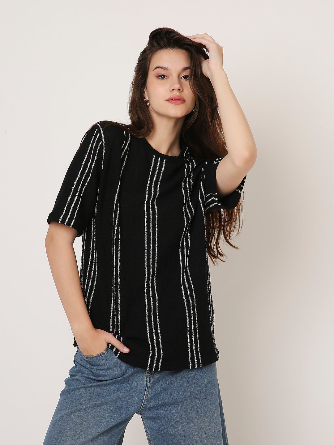 Black Vertical Striped Casual Half-Sleeve Top