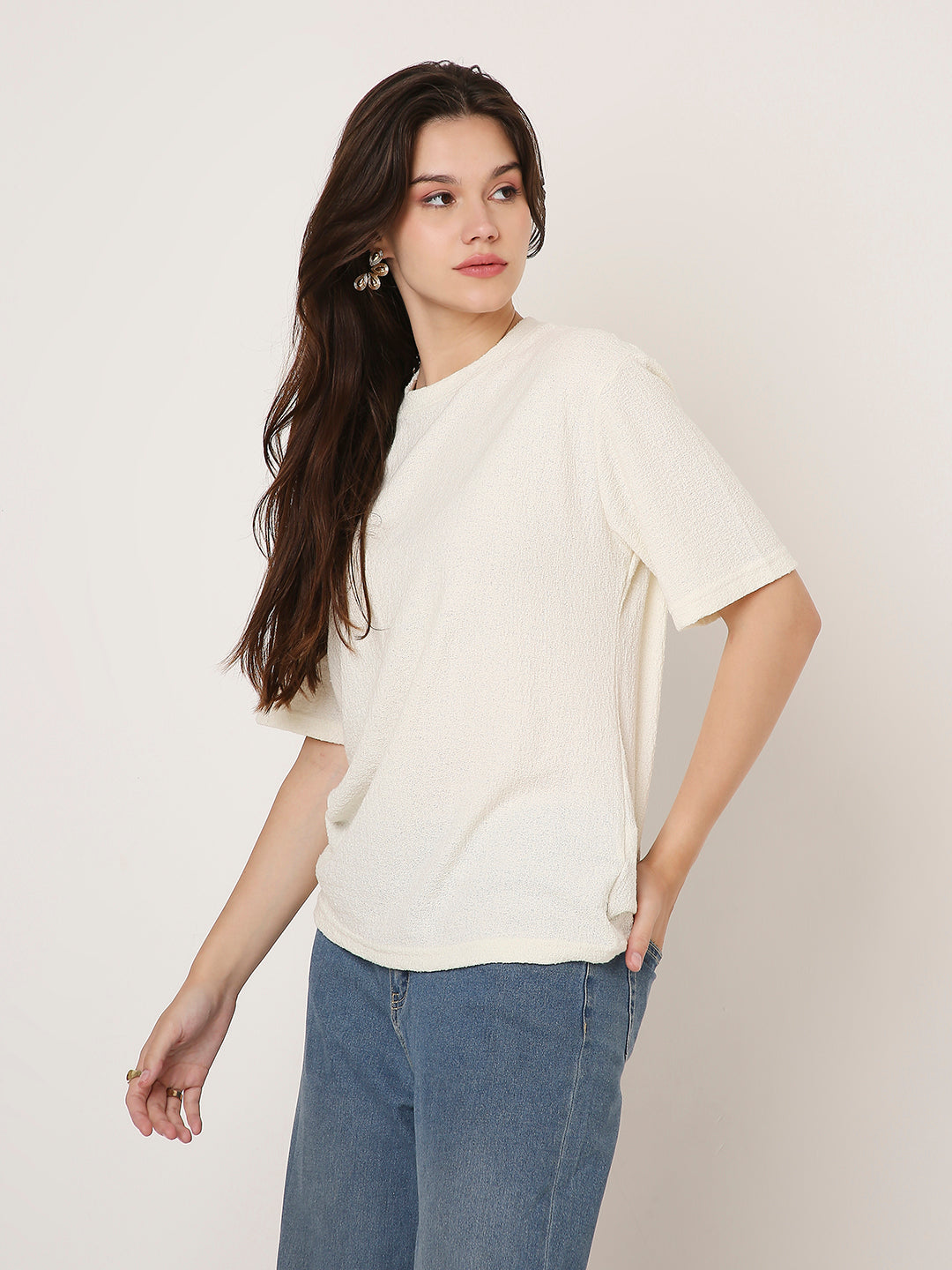 Off-White Textured Casual Half-Sleeve Top