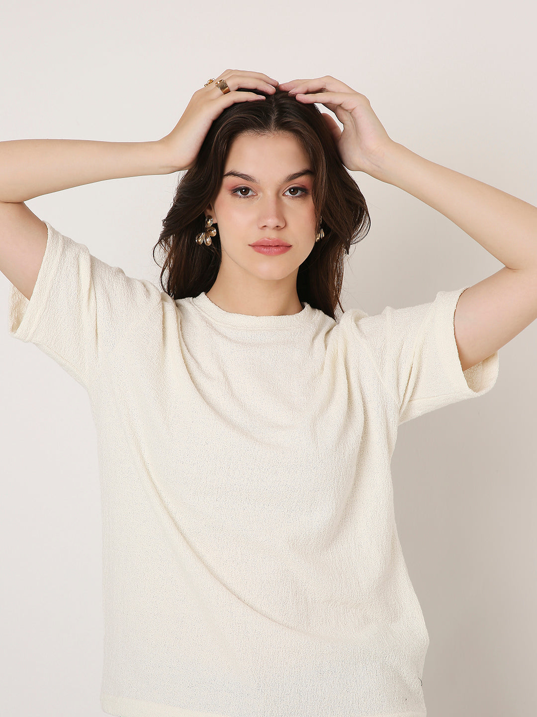 Off-White Textured Casual Half-Sleeve Top