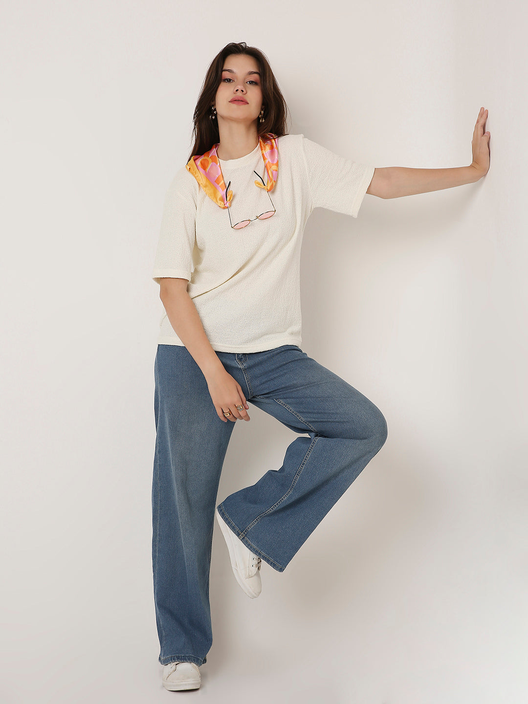 Off-White Textured Casual Half-Sleeve Top