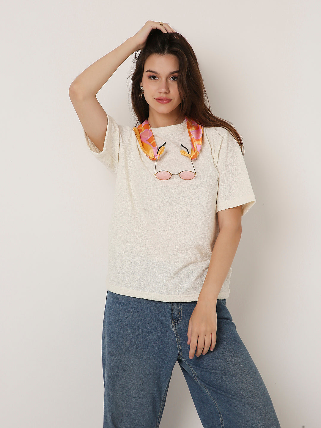 Off-White Textured Casual Half-Sleeve Top