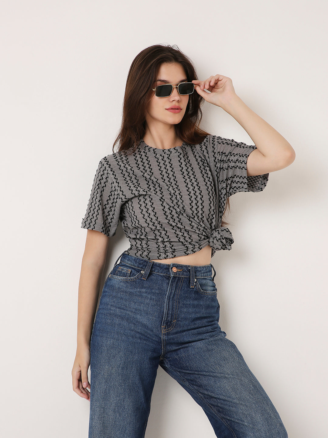 GRAY PATTERNED CREW NECK BOYFRIEND T-SHIRT