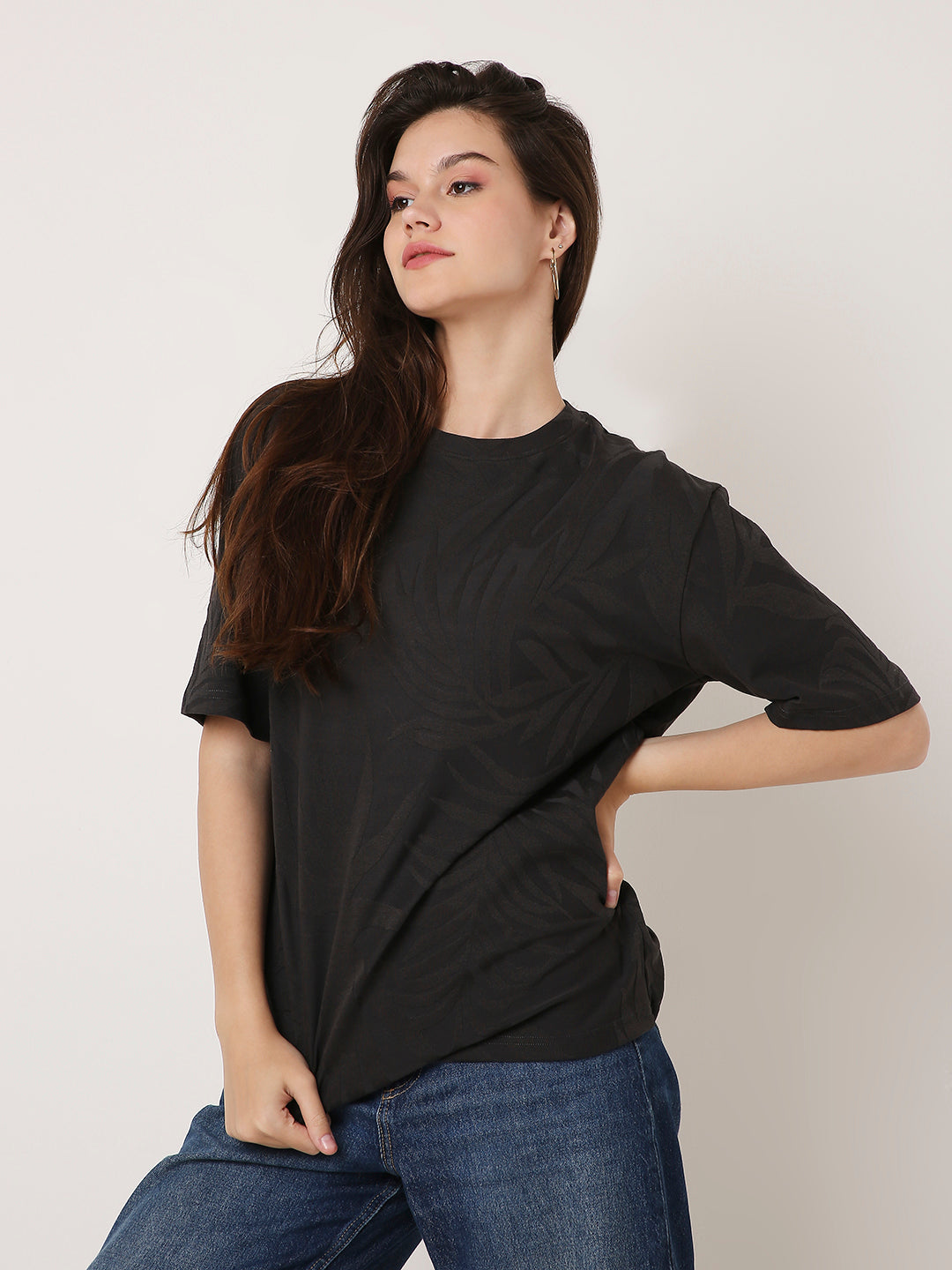 Charcoal Jacquard Leaf-Pattern Casual Half-Sleeve Top
