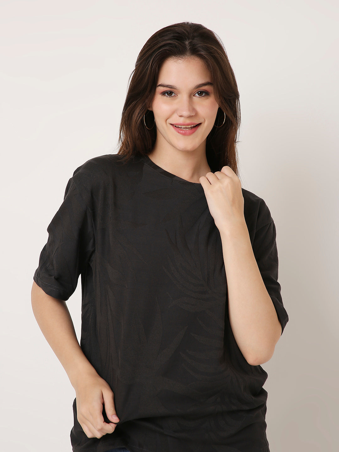 Charcoal Jacquard Leaf-Pattern Casual Half-Sleeve Top