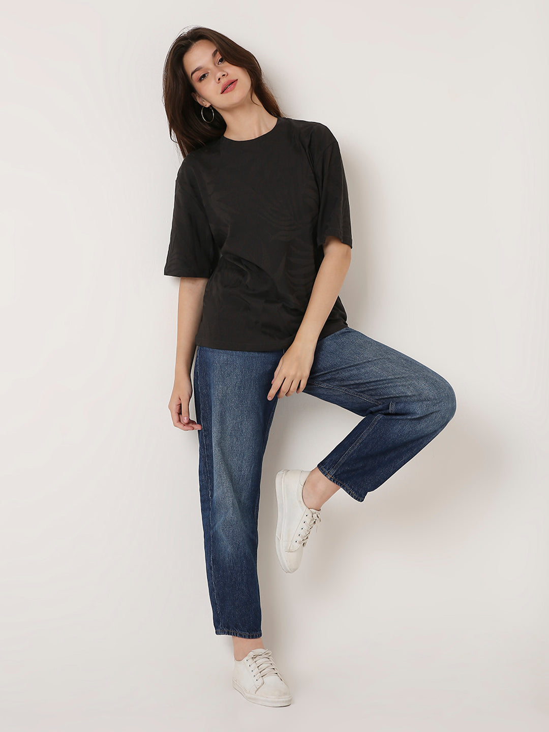 Charcoal Jacquard Leaf-Pattern Casual Half-Sleeve Top