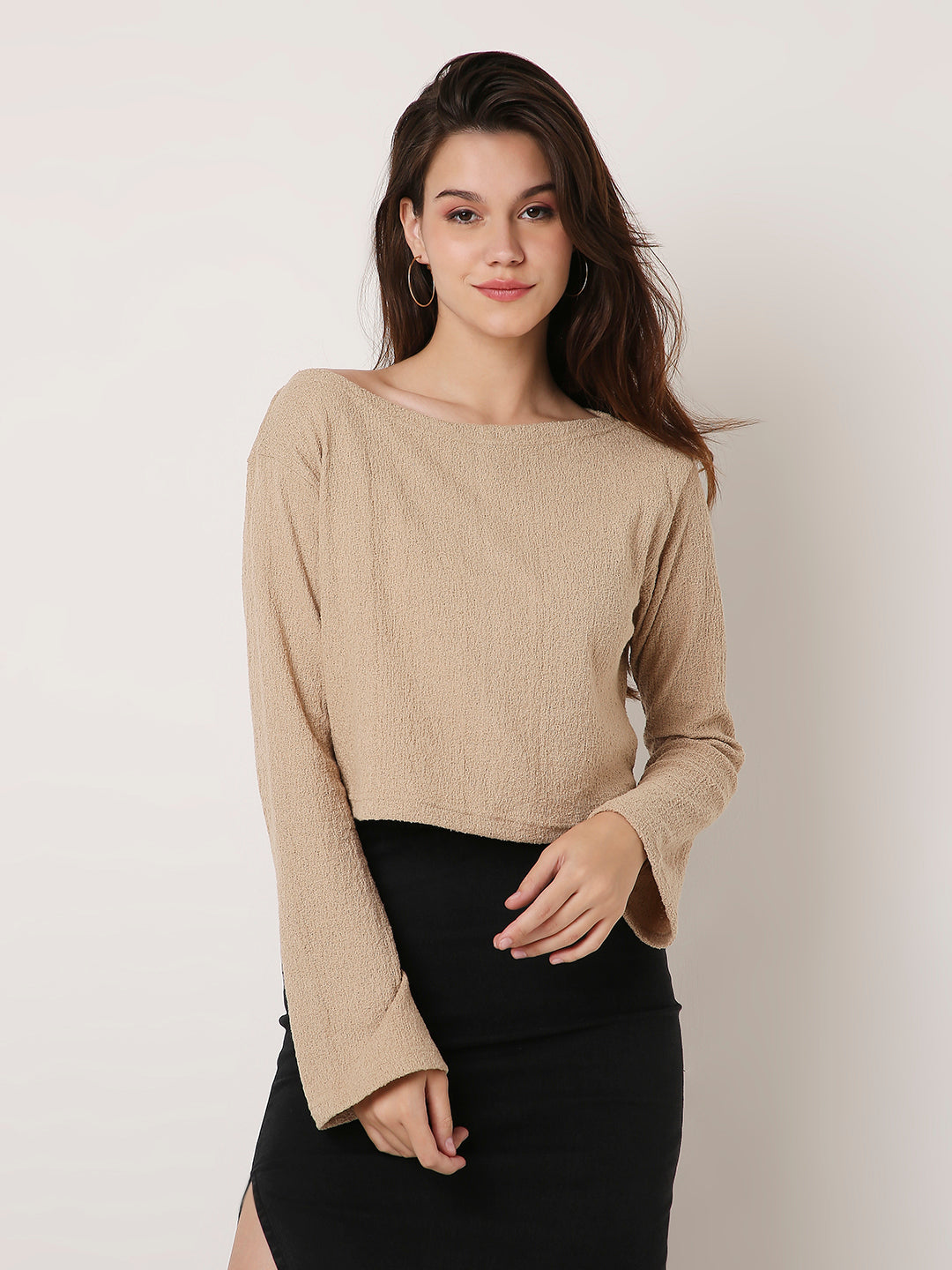 Beige Textured Boat-Neck Full Sleeve Crop Top