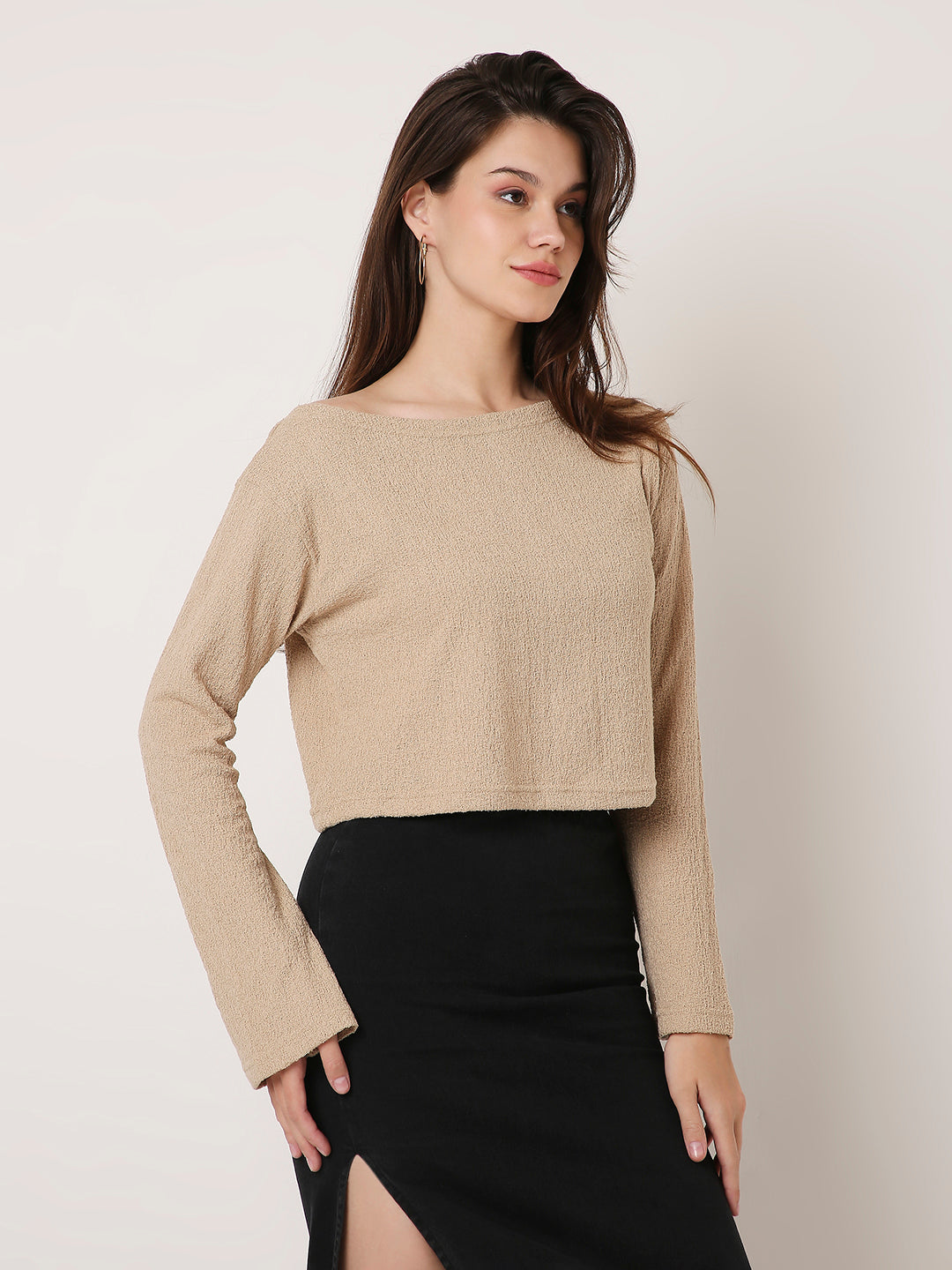 Beige Textured Boat-Neck Full Sleeve Crop Top