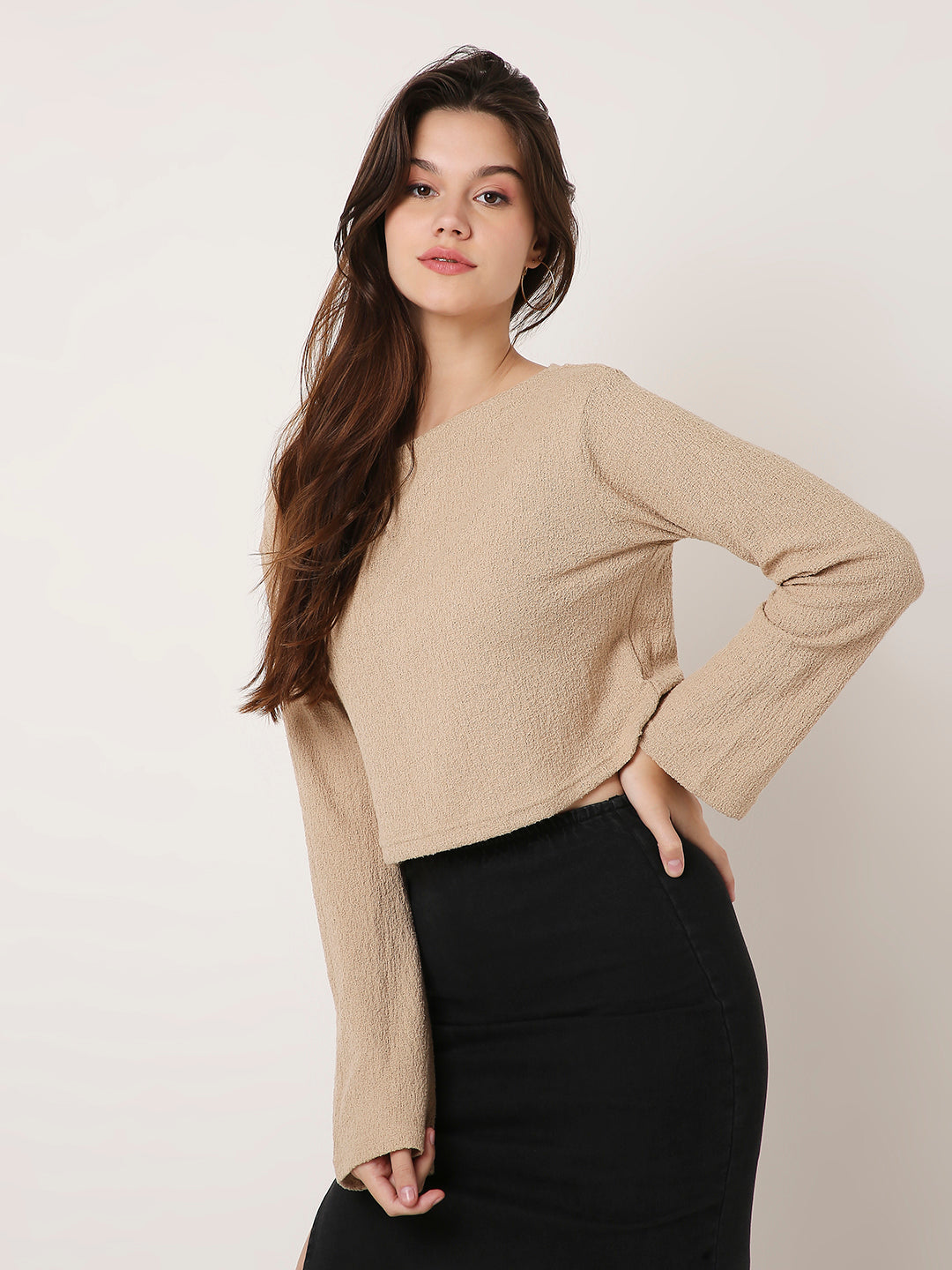 Beige Textured Boat-Neck Full Sleeve Crop Top