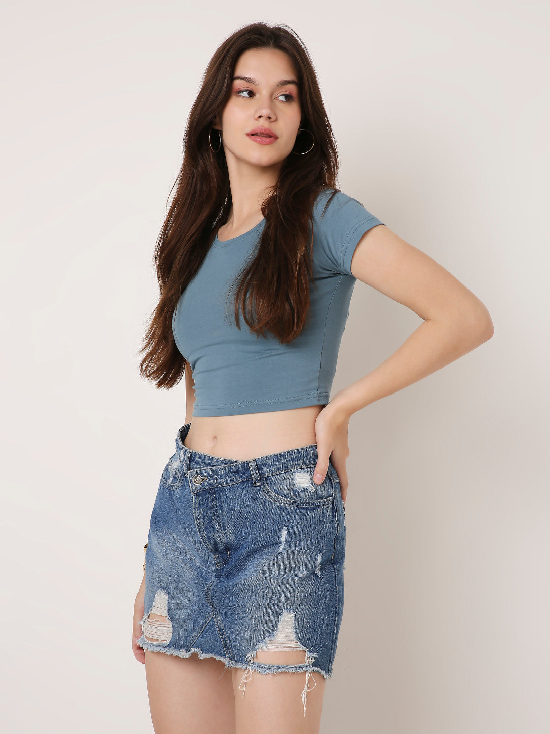 Solid Half-Sleeve Fitted Crop Top