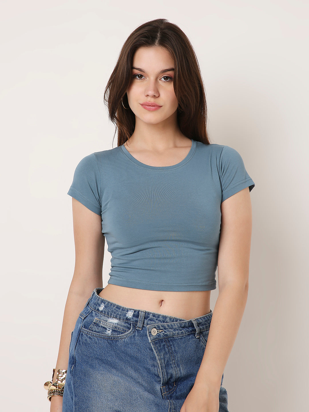 Solid Half-Sleeve Fitted Crop Top