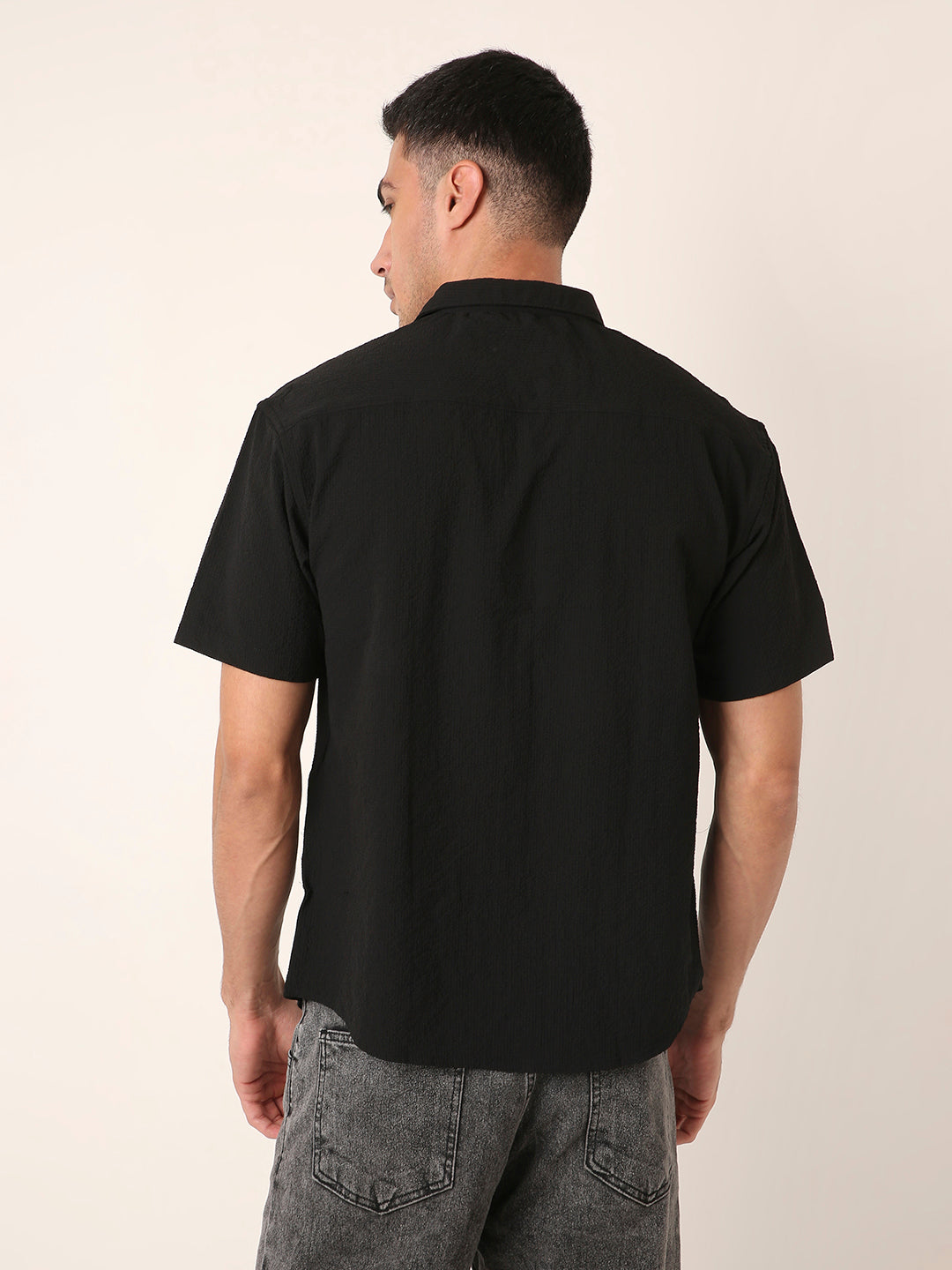 Black Self Structured Short Sleeve Button-Down Shirt